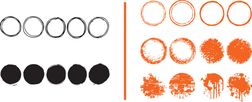 Hand drawn grunge circle frames and ink splatter textures in black and orange vector illustration set