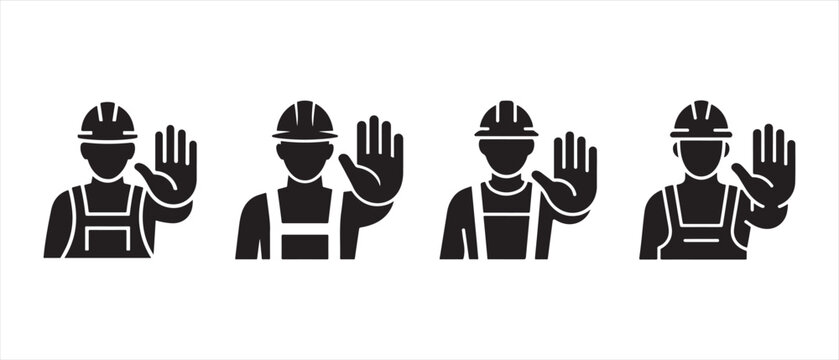 Construction Worker Stop Sign Silhouettes. Industrial Safety Icons with Hard Hat and Open Hand Gesture on White Background.