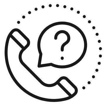 Minimalist black line vector icon of a telephone handset with a question mark in a speech bubble, representing customer support, help desk, inquiry, or call center services.