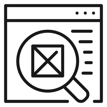 Black vector icon illustration of a web browser window featuring a magnifying glass inspecting a placeholder image box, symbolizing search engine optimization, web design, and digital marketing.