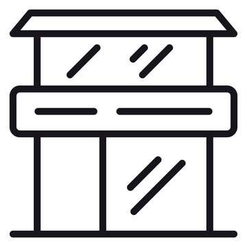 Modern two-story commercial building vector icon featuring a storefront with a large signage area, glass windows, and a door, minimalist black line art illustration for business and retail.
