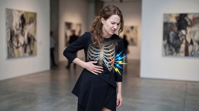 Woman holding side experiencing sharp rib cage pain. Medical concept of intercostal neuralgia or rib injury. Illness, physical trauma and health problem illustration in art gallery.