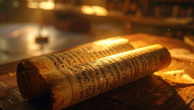 Ancient Hebrew Text Scroll Unrolled, Intricate Calligraphy on Aged Parchment in a Warm, Dusty Study Setting.