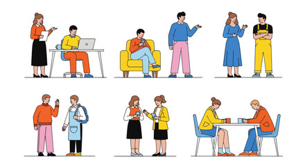 Fototapeta premium Diverse flat vector set of people in social and business interactions. Diverse characters working, talking, using laptops and smartphones, sitting on chairs and armchairs, isolated on a white backgrou