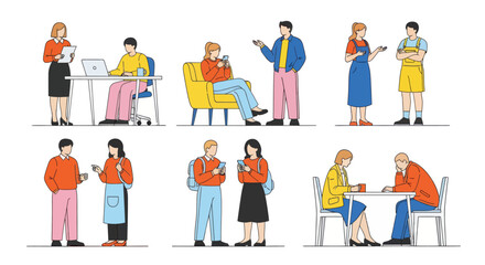 Fototapeta premium Diverse flat vector set of people in social and business interactions. Diverse characters working, talking, using laptops and smartphones, sitting on chairs and armchairs, isolated on a white backgrou