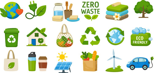 Naklejka premium zero waste eco lifestyle icons set sustainable green energy recycling and reusable products