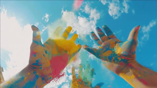 Colorful hands in the air showing joy and creativity