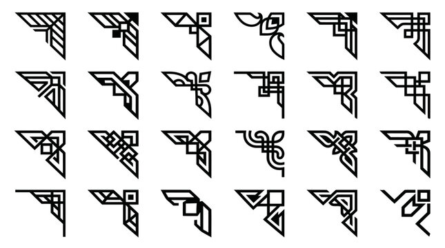 Black geometric shapes and symbols.