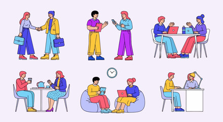 Fototapeta premium Diverse people working, collaborating, and relaxing. Flat vector set with business handshake, laptop tasks, coffee breaks, and health check-up.