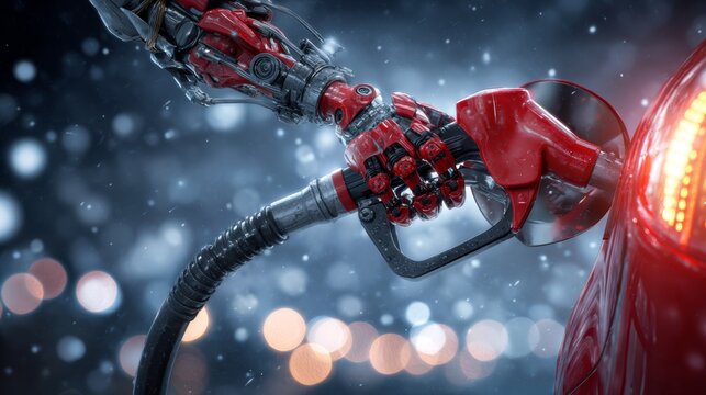 Energy crisis at the pump: a visual exploration of fuel price spikes. Robotic soul. Visualizing impact: enhanced scene of refueling within a price crisis context. Robotic evolution.