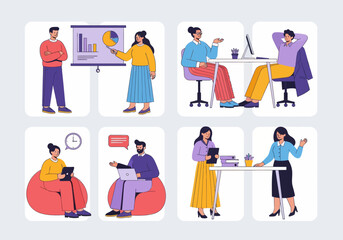 Fototapeta premium Set of four flat vector illustrations featuring diverse business people collaborating, presenting data, working at desks, and on beanbags. Modern office teamwork and productivity concept.