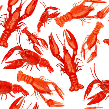 seamless pattern with lobster . Hand drawn painting. 