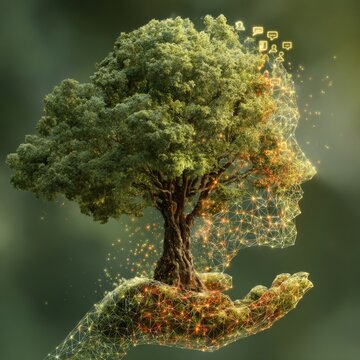The emergence of life in the grasp of a nurturing hand. Social media network. A hand cradling a towering tree as sunlight graces a green world. Social media interaction.