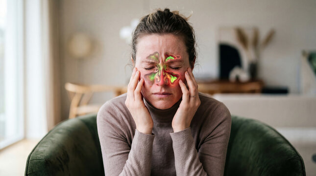 Woman feeling facial pain from sinus infection. Illustration of inflamed nasal cavity and sinus pressure. Medical health concept for cold, allergy, or chronic sinusitis treatment.