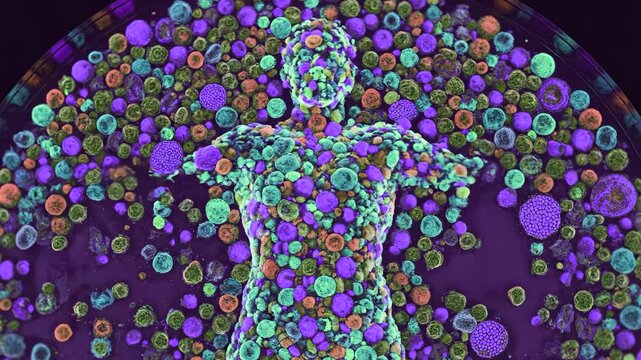 A conceptual 3D animation showing a human silhouette composed of colorful microscopic organisms, fungi, or bacteria clusters. This scientific visual is suitable for medicine, biology, healthcare, or m