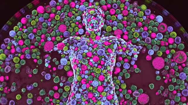 A conceptual 3D animation showing a human silhouette composed of microscopic organisms like fungi or bacteria in pink, purple, and blue colors. This artistic visual is suitable for science, medicine, 