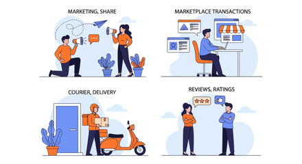 Fototapeta premium Set of four flat vector illustrations: marketing, marketplace transactions, courier delivery, and customer reviews. E-commerce business concepts.