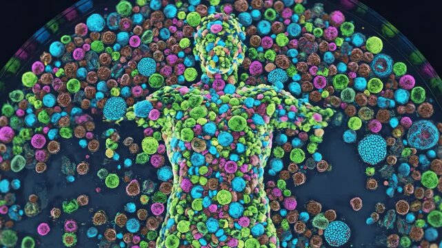 A creative 3D visualization showing a human upper body composed of colorful microorganisms, fungi, and bacterial colonies. This artistic concept represents the human microbiome, biology, pathology, or