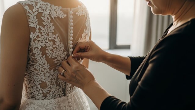 Wedding - Bride Getting Lace Wedding Dress Buttoned Up the Back by a Helper in Warm Natural Light