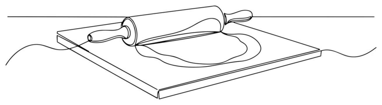 Rolling pin with dough on baking board continuous one line drawing minimalist kitchen bakery tools