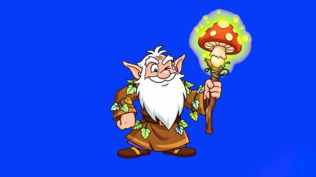 A friendly 2D animated elderly gnome with a long white beard, wearing a brown tunic adorned with green leaves. He holds a glowing wooden staff topped with a magic mushroom. Perfect for fairy tale stor