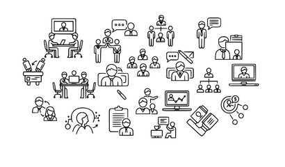 Fototapeta premium Trendy business people line icons with meeting workplace communication and team structure editable stroke vector collection