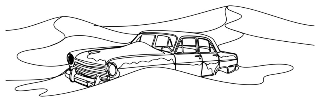 Abandoned vintage car buried in desert sand continuous one line drawing post-apocalyptic scenery