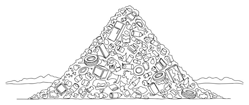 Huge pile of garbage landfill continuous one line drawing minimalist environmental pollution concept