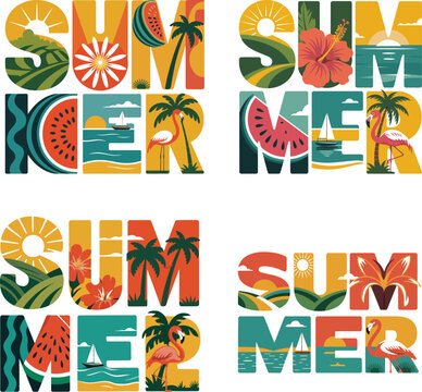 Colorful summer vector collection featuring tropical beach scenes, palm trees, flamingos, and watermelons inside bold decorative typography for seasonal vacation designs.
