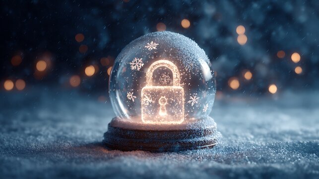 Snow globe with a glowing lock inside, set in a wintery scene with bokeh lights