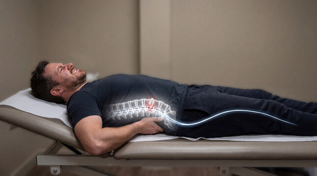 Man suffering from lower back pain lying on examination medical table. Clinical visualization of spine injury and nerve damage. Chiropractic treatment and orthopedic health concept.