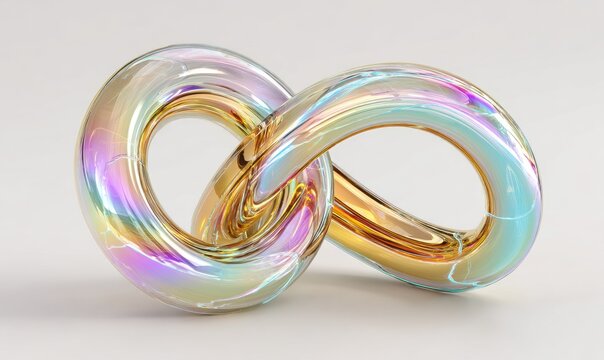 Iridescent, translucent infinity knot with gold inner swirls, on a pale background