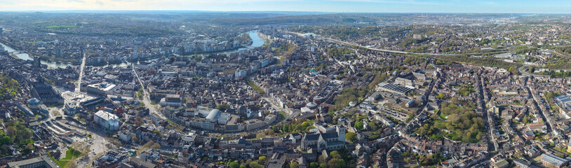Obraz premium An Aerial view around the old town beside the city Liege in the Belgium on a cloudy spring day