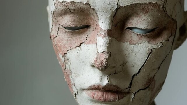 Artistic close-up of a cracked face sculpture highlighting unique texture and detail of the damaged surface in an artistic representation of human form. Generative AI