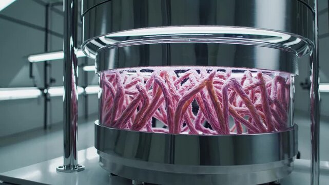 Futuristic laboratory chamber culturing pink alien like organisms or engineered tissue inside a sterile glass bioreactor, representing advanced bioengineering and genetic experimentation