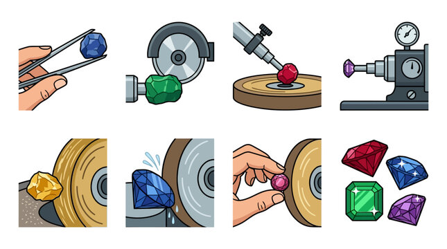 Cartoon illustration of gemstone cutting and polishing process steps shown