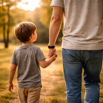 Back view of father and child walking hand in hand in a park during golden hour, warm sunlight and soft shadows, emotional and natural lifestyle composition.