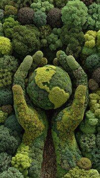 Embracing our planet: the intersection of nature and renewal. Unusual perspectives. Gentle hands cradling the world: a slightly enhanced forest fantasy. Creative concept. Edgy editorial.