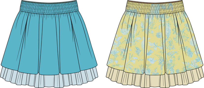 Pleated underskirt fashion with floral patterned and solid turquoise design flat vector