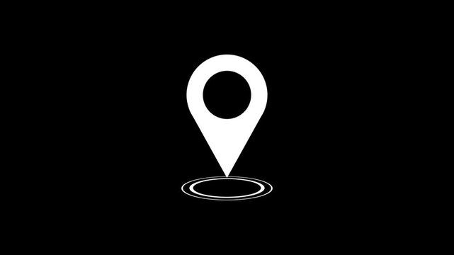 White Location Pin Map Pointer Animation, Minimalist GPS Navigation Icon for Travel and Tracking, Modern UI UX Motion Graphic Element for Geographic Positioning on Black Background