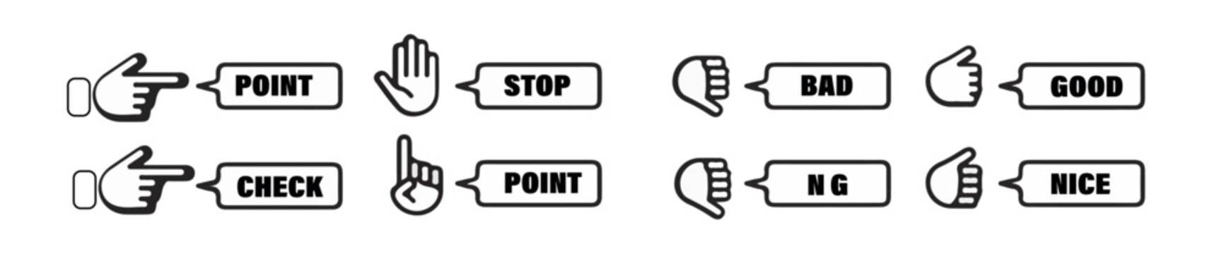 Creative hand gesture icon set with text labels including point, stop, check, good, bad, and nice. Perfect for UI stickers, social feedback, educational materials, presentations, messaging apps, and i