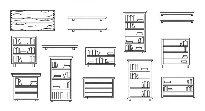 Collection of Hand Drawn Bookshelves and Shelving Units.