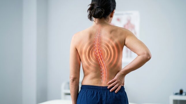 Woman with scoliosis feeling pain in her back. Illustration of a curved spine with glowing focal zone. Medical diagnosis of spinal deformity and posture problem in a healthcare clinic.