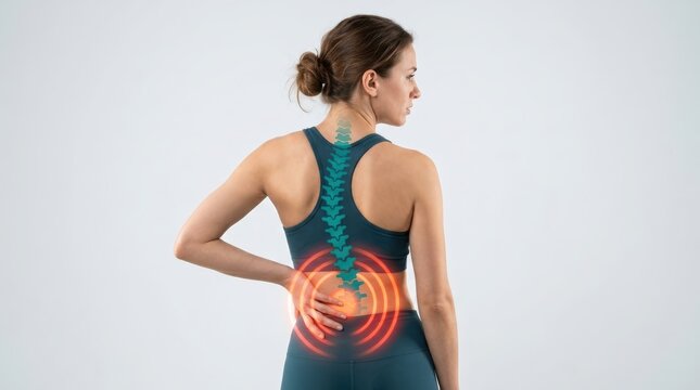 Woman suffering from back pain with illustrated spine curvature. Scoliosis medical concept. Patient touching lower back with red inflammation zone visualization. Orthopedic health problem.