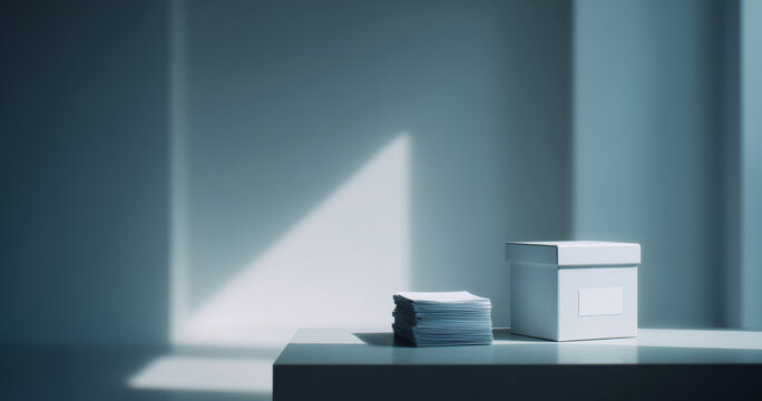 Minimalist desk with documents and box