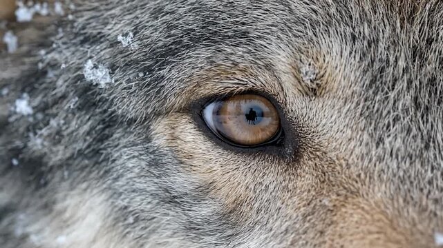 Intense Gaze of a Majestic Wolf's Eye in Winter Wilderness, Close-up Detail of Fur and Snow