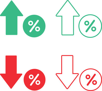 Green and red percentage arrows icons set, up and down trend symbols, growth and decline indicators, outline and solid style, financial analytics, business infographic design elements.