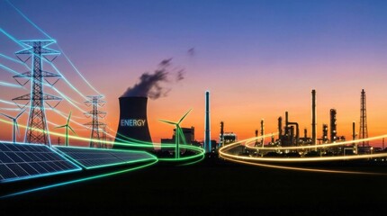 Naklejka premium Vibrant Energy Landscape at Dusk with Silhouettes of Power Structures