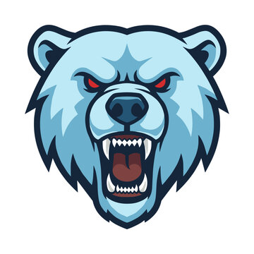 Angry blue bear head with red eyes and open mouth angry bear