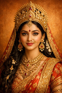 Detailed portrait of devi sita wearing heavy golden jewelry and traditional red saree for sita navami hindu festival puja celebration with an ornate crown headpiece